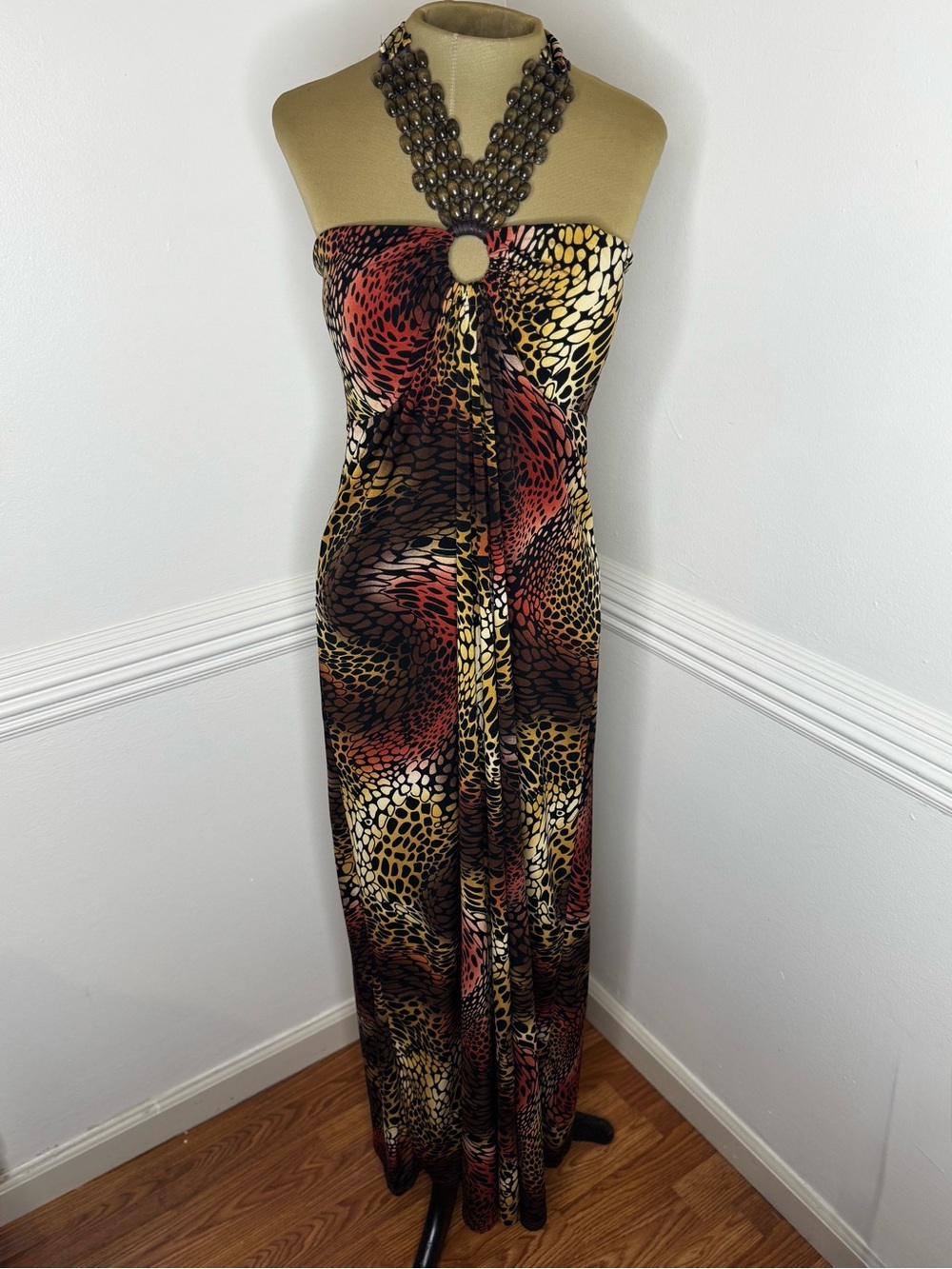 SOLD!!! 90’s Animal Print Beaded Neck Strap Boho Festival Dress